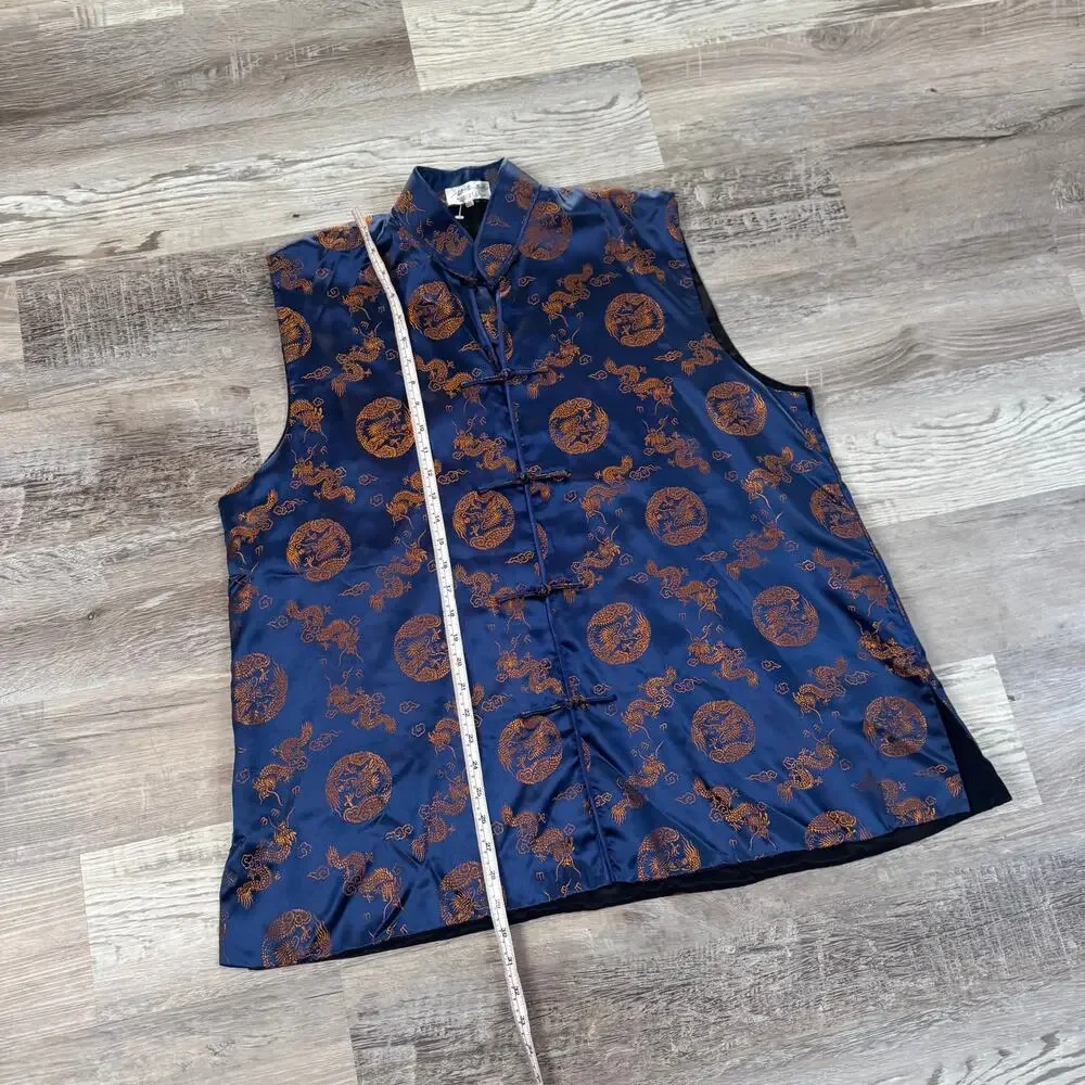 Vintage Chinese Dragon Satin Vest Navy Gold Frog Closure Y2K XL